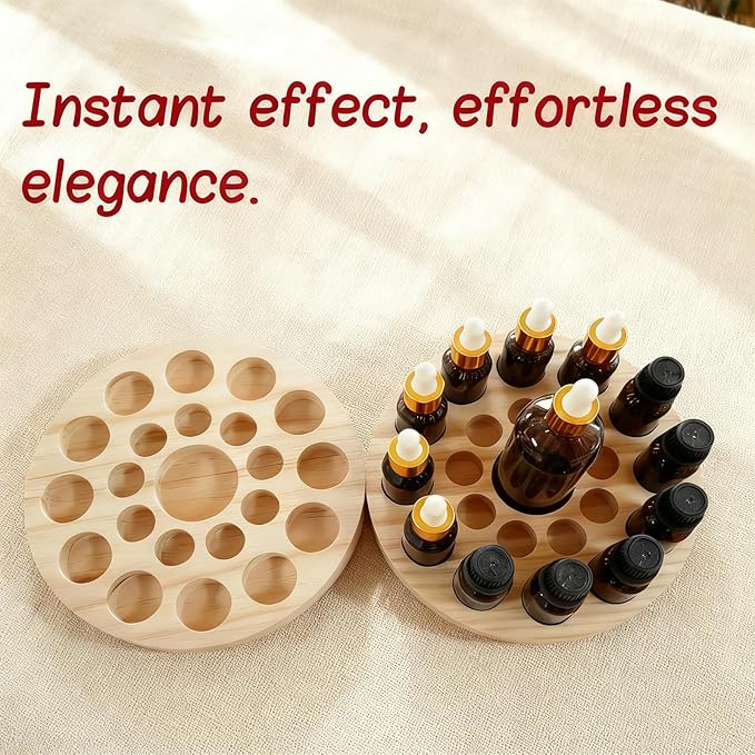 VolksRose Rotating Essential Oil Organizer - Wooden Bottle Storage with 22 Holes for 5ml/15ml/100ml, Pinewood Fragrance Stand for Roller Bottles, Perfume - Home Spa Nail Polish Display Stand