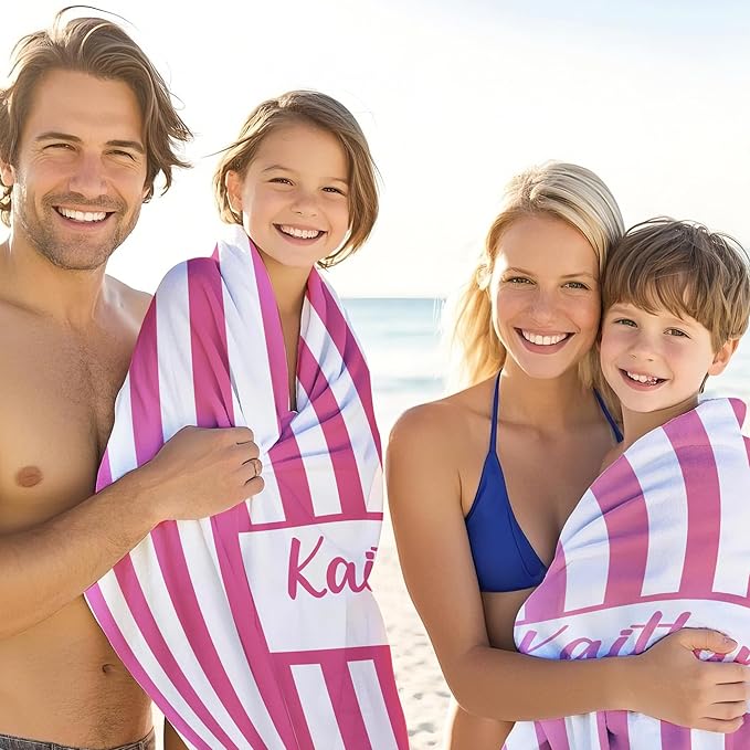 JML Personalized Beach Towel with Name, Custom Cabana Stripe Beach Towel, Customized Microfiber Pool Towel, Quick Dry & Absorbent Swim Towel for Adult,Anniversary, Birthday, Summer Holiday,Vacation