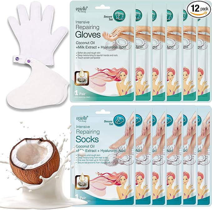 Epielle Intensive Repairing Hand & Foot Masks, Restore and Moisturize Dry, Cracked Skin, Self Care Gifts for Women, Spa Kit, Mothers Day Gifts, 6 Moisturizing Gloves & 6 Moisturizing Socks
