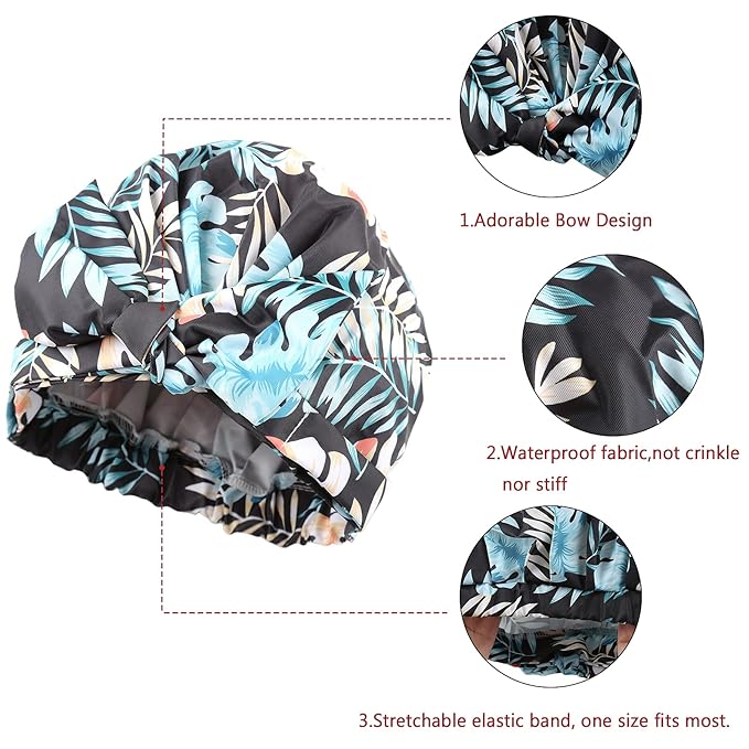Shower Cap for Women Reusable Waterproof Bath Cap for Long Hair Cap for Shower Cute Extra Large Turban Shower Cap for Braids(Leaves)