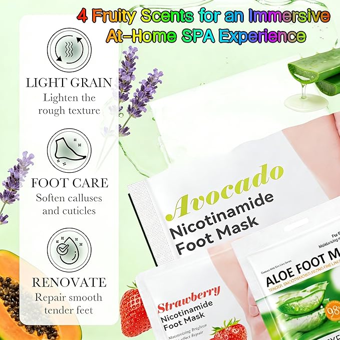 Hand & Foot Mask Set (8 Packs) - At-Home Hand & Foot SPA | Aloe/Lavender/Papaya/Strawberry + Nicotinamide Masks: Hydrating for Dry Skin, Reducing Roughness