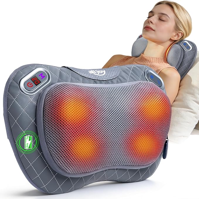 ALLJOY Cordless Neck and Back Massager with Heat & LCD Display - Rechargeable Shiatsu Massage Pillow for Muscle Pain Relief, Use While Charging, Gifts for Women Men
