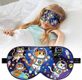 Kids Silk Sleep Mask: 100% Mulberry Silk Eye Mask with Adjustable Strap, Soft Blackout Boys Girls Sleeping Mask, Cute Printed Blindfold for Travel/School/Bed, Gift for Ages 5–15 (Space Cat Style)