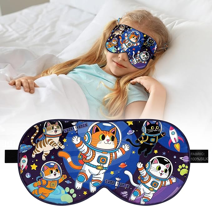 Kids Silk Sleep Mask: 100% Mulberry Silk Eye Mask with Adjustable Strap, Soft Blackout Boys Girls Sleeping Mask, Cute Printed Blindfold for Travel/School/Bed, Gift for Ages 5–15 (Space Cat Style)