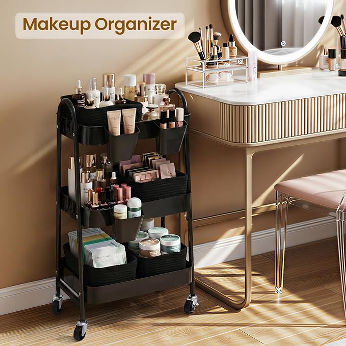 3-Tier Rolling Utility Cart with 4 Woven Baskets, Diaper Book Snack Cart, Storage Organizer for Nursery, Kitchen, Craft Room, Home SPA, Living Room, Metal Frame Trolley on Lockable Wheels, Black