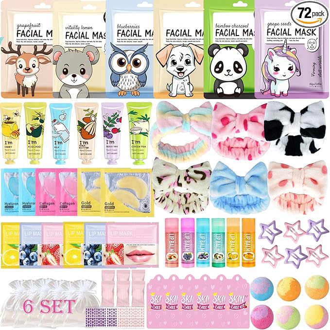 72PCS Spa Party Supplies for Women, Spa Party Favors Include Face Masks,Hand Cream,Spa Headband, Foot Bath Bombs,Spa Birthday and Sleepover Party Supplies for Women