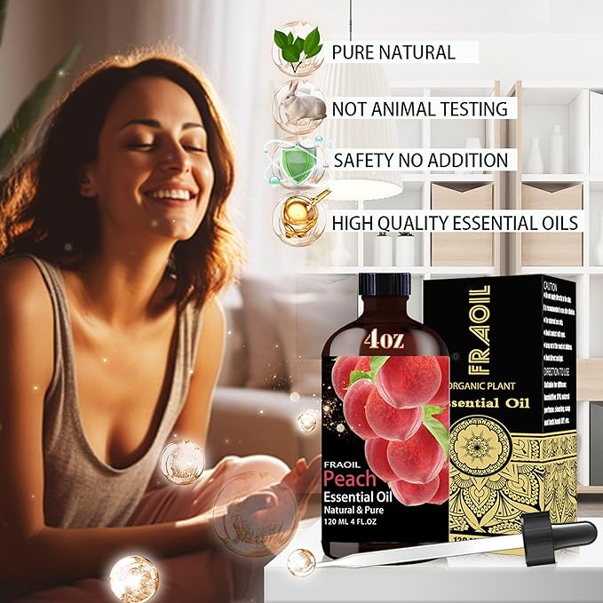 Peach Essential Oil, Peach Oil 4 Fl Oz 120ML for Diffuser Humidifier Yoga Cleaning DIY Candle Soap Making Perfume Gift for Women Essential Oils FRAOIL (Peach 4 Fl Oz (Pack of 1))