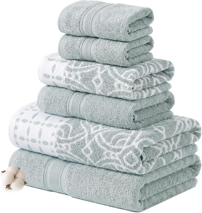 Modern Threads Monroe 6-Piece 100% Cotton Towel Set – Reversible Yarn Dyed Jacquard & Solid – Includes 2 Bath Towels, 2 Hand Towels, 2 Washcloths – Absorbent, Quick Dry, Soft & Durable – Dark Sage