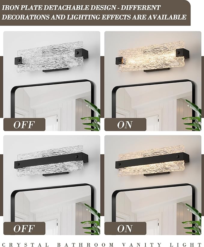 Modern Black Bathroom Vanity Light, 16.5 Inch 10W Dimmable LED Bathroom Light Fixture Over Mirror, Crystal Bar Wall Sconce Lighting for Bath, 3CCT, OS-MM5001-2BK