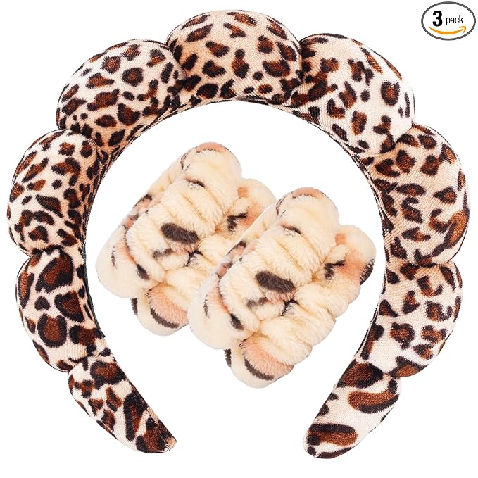 Zkptops Spa Headband for Washing Face Wristband Set Sponge Makeup Skincare Velvet Fabric Bubble Soft Get Ready Hairband for Women Girl Puffy Padded Headwear Non Slip Thick Hair Accessory(Leopard 1)