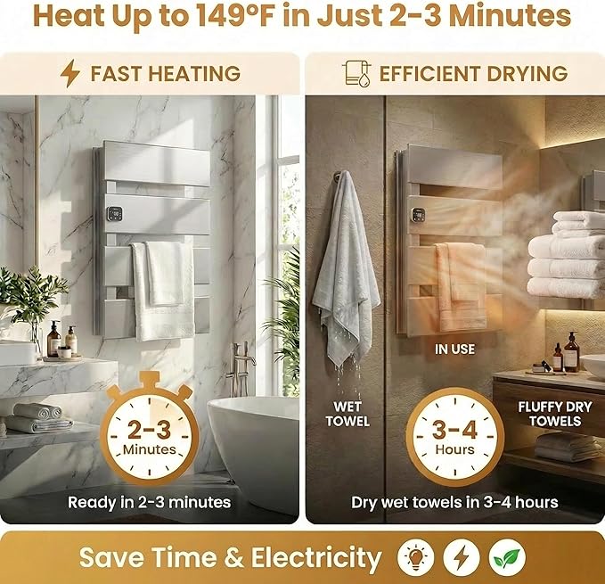 Electric Towel Warmer, Heated Towel Rack with Thermo Control and Timer, Fast Heating Towel Rail for Bathroom with Memroy Function, Work with Smart Plug, Left-Wiring, 4 Panel, Silver