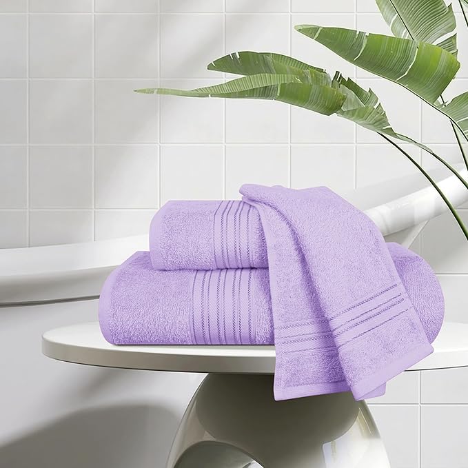 BOUTIQUO Ultra Soft 3 Pack Cotton Towel Set, Contains a Bath Towels 28x55 inch, a Hand Towels 16x24 inch & a Wash Coths 12x12 inch, Ideal Everyday use, Compact & Lightweight - Purple