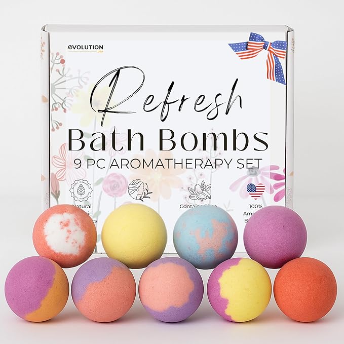 EvolutionUSA 9 Refresh Bath Bombs for Women – Lush Bath Bombs Mini Sized, Lush Womens Gift for Mother’s Day, Easter, Valentines, Birthday or Self Care, Organic Bathbombs Kids & Women, Bath Fun