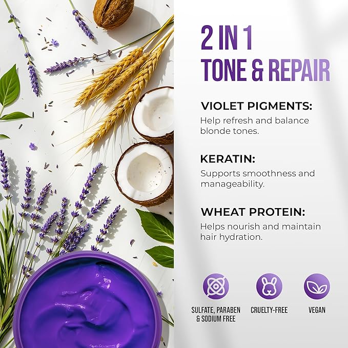 SUNATORIA Purple Hair Mask for Blonde & Bleached Hair, 2-in-1 Keratin Toning Conditioner for Brass Control, Helps Reduce Yellow Tones While Softening Dry Color-Treated Strands | 8.5 Fl Oz