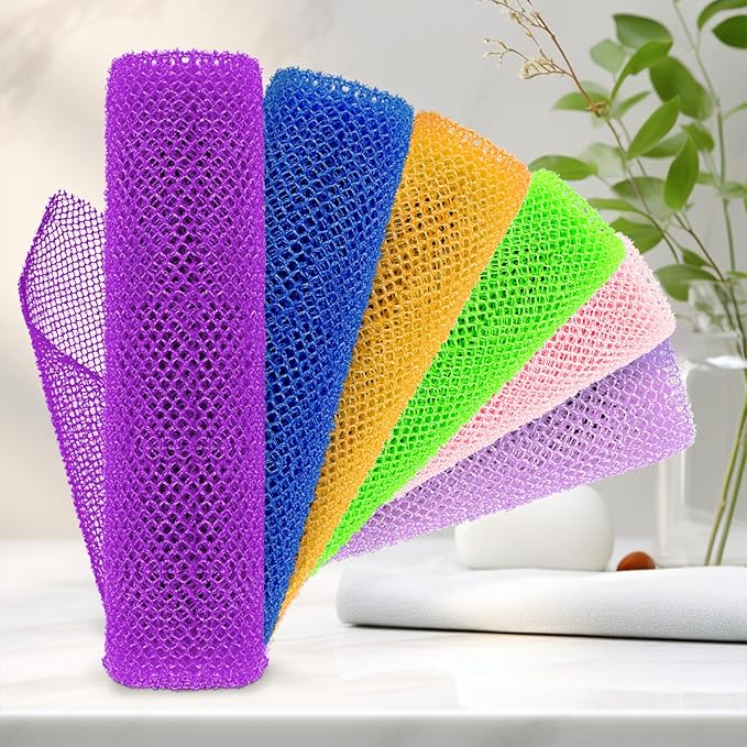 4 Pieces African Net Sponge – Premium African Net Sponge for Deep Exfoliation Quick-Dry and Reusable Mesh for Smooth Skin(Purple, Purple, Pink, Orange, Blue, Green)