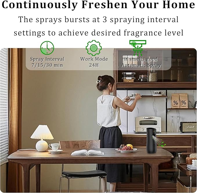 Automatic Air Freshener Spray Dispenser (8-Pack), Free Standing or Wall Mounted Adjustable Aromatherapy Machines for Home, Indoor, Bathrooms, Offices, Hotels and Commercial Places (Black, 001)