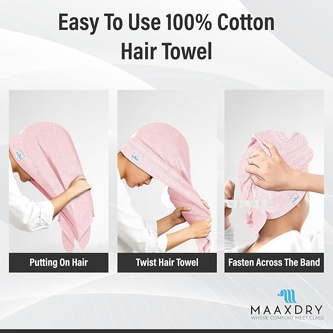 100% Cotton Large Hair Towel Wrap for Women, Men & Kids – Non-Microfiber 450 GSM Thick Super Absorbent Hair Towel 26x40 Inches, Secure Elastic Hair Wrap for Long & Curly Hair (Pink)