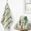 Sage Green Striped Towels Set- 100% Cotton, Quick Dry, Soft & Absorbent, 6PC Luxury Towels Set (2 Bath 28"x52", 2 Hand 16"x27", 2 Wash Cloth 13"x13"), Stripe Shower Towel with Hanging Loop