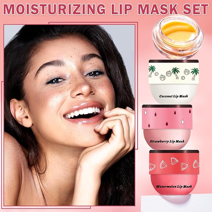 4PCS Honey Lip Balm Hydrating Honey Lip Mask Overnight Propolis Bee Lip Balm Prevention Dry and Cracked Lip Scrub Exfoliator (Honey+Strawberry+Coconut+Watermelon)