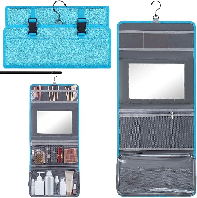 Travel Hanging Toiletry Bag with Mirror Leather Travel Hanging Mirror Foldable Dance Competition Makeup Bag Backstage Cosmetic Organizer for Traveling Dancers Spa(Glitter,Blue)