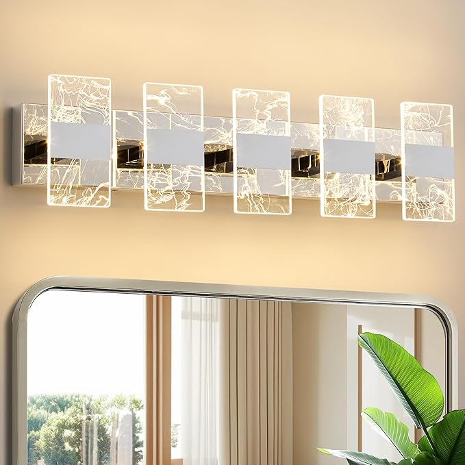 Modern LED Bathroom Light Fixtures Dimmable 5-Light Chrome Vanity Light, 5CCT Adjustable Lighting Fixture Vanity Lights Over Mirror, Smoked Acrylic LED Vanity Lights for Bathroom