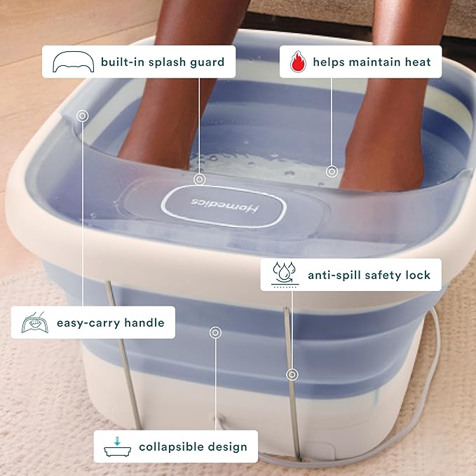 Homedics Collapsible Foot Spa with Heat, Bubbles & Vibration Massage, Foot Bath Safe for Bath Salts, Portable Pedicure Spa, Deep Soak Basin, Adjustable Temperature, Easy Storage