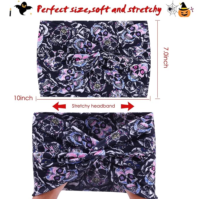 HAUHC 6 Pack Halloween Headbands for Women Hair Bands Skull Headbands Pumpkin Bat Wide Holiday Hair Bands, Holiday Gift Hair Accessories
