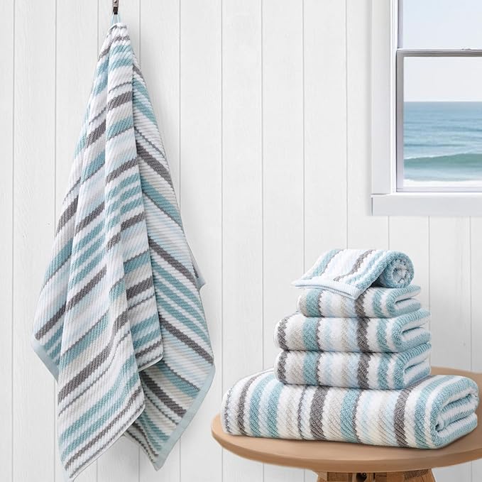 6-Piece Luxury Aqua Striped Towel Set - 100% Cotton Quick Dry Highly Absorbent Bathroom Towels (2 Bath Towels 28"x52" with Hanging Loop, 2 Hand Towels 16"x27", 2 Washcloths 13"x13") | Aqua & Gray