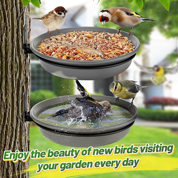 Fence Bird Feeders Tray - 2pcs Tree Mounted Wild Bird Bath for Outdoors Place Food Water, Installed on Deck Wall Stakes with Heavy Duty Iron Ring, 8.3'' Dia. (Grey)