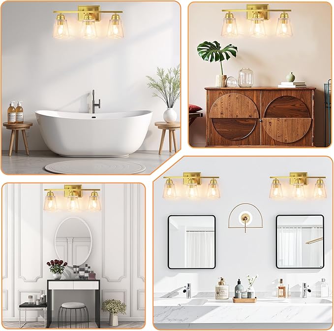 hykolity 3-Light Bathroom Vanity Light, 5-Piece All-in-One Bathroom Set, 20 Inch Modern Wall Lamp, Gold Wall Sconces with Clear Glass Shade, Wall Lights for Bedroom, Living Room, Bathroom Mirror