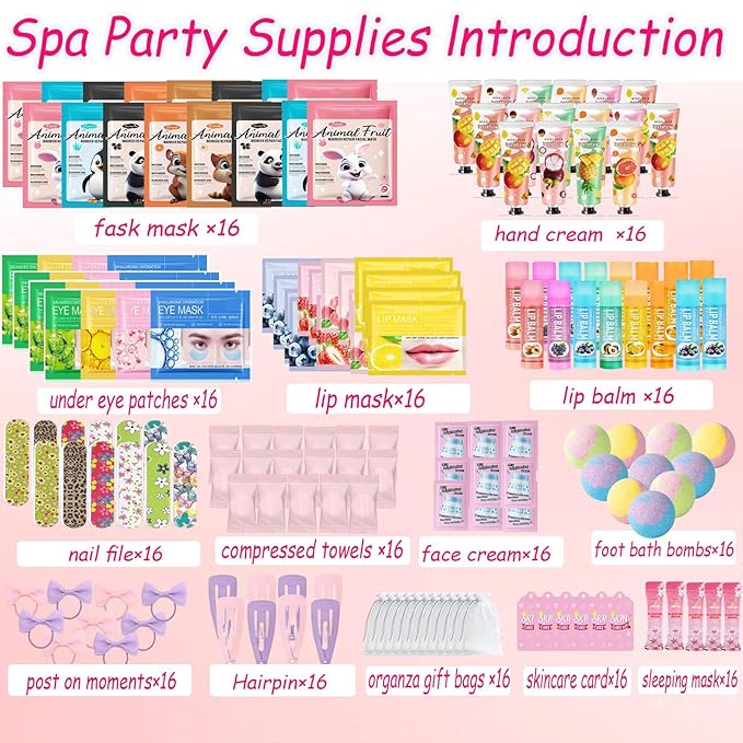 224PCS Spa Party Supplies for Girls, Spa Party Favors Include Face Masks,Hand Cream,Lip Mask,Foot Bath Bombs,Face Cream,Spa Birthday Sleepover Party Supplies Facial Skin Care Set