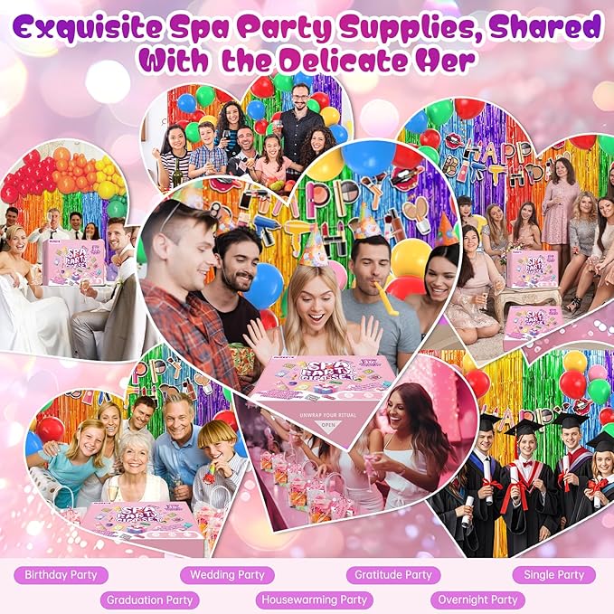 160 PCS Spa Party Supplies For Girls, Kids & Family, Include Face, Eye, Lip & Foot Care, Sleepover Birthday Party Favors With Banner, Balloons, Fringe Curtain, Spa Birthday Gift Set For 12 People