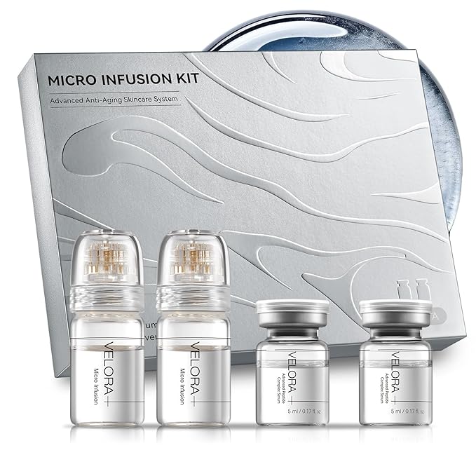 Micro Infusion System for Face - Hydrating Peptide & Hyaluronic Acid Serum Set, Skin-Smoothing Radiance Set with 0.25mm Stamp, At-Home Facial Kit, 1 Month (3 Month Supply)