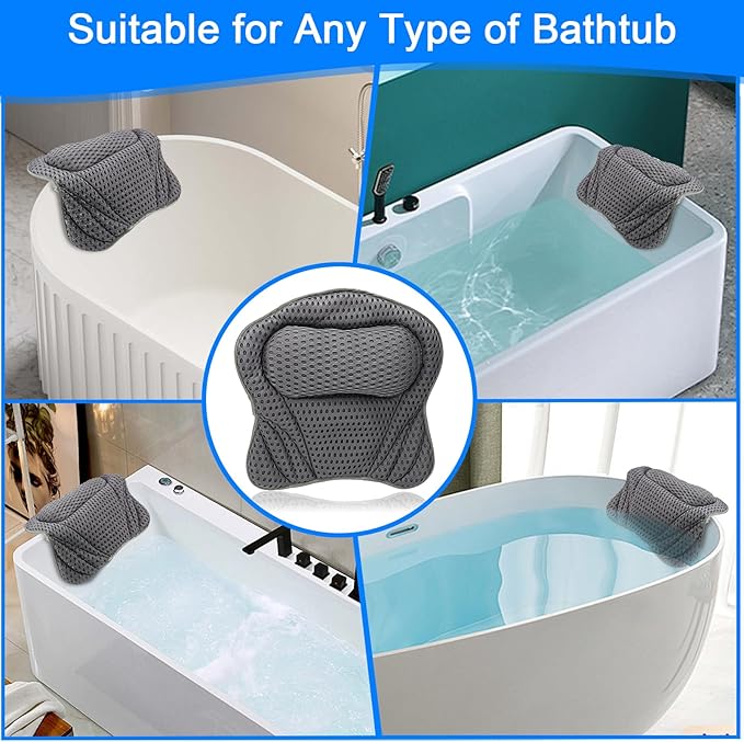 Bath Pillow for Tub, Ergonomic Pillow for Headrest,Neck, Shoulder and Back Support, Home SPA Fast Drying Soft 4D Mesh Fabric and 8 Non-Slip Suction Cups, Spa Bathroom Accessories