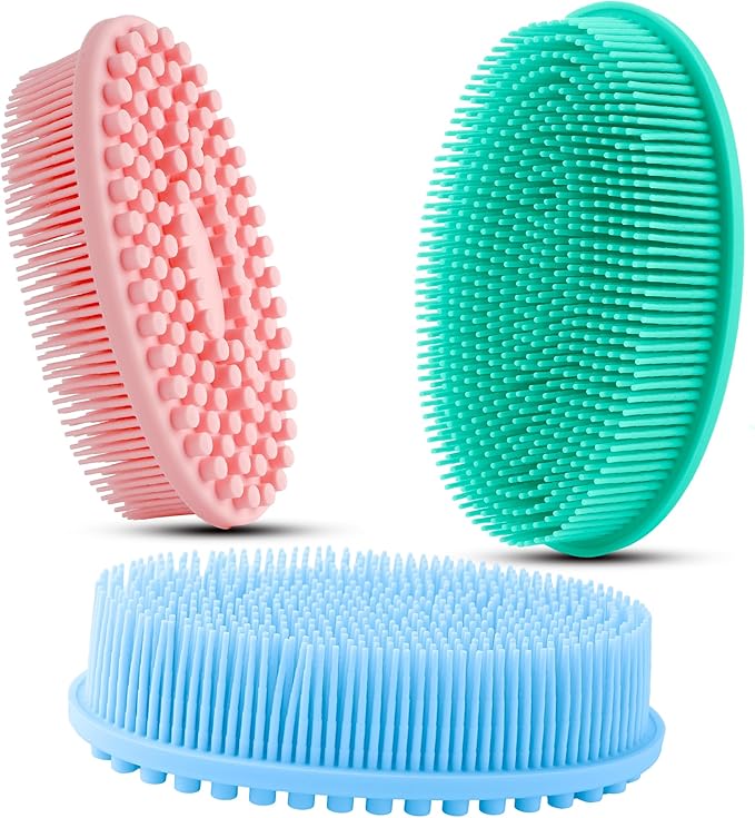 3 Pack Silicone Body Scrubber, Soft Silicone Loofah Exfoliating Body Scrubber, Silicone Body Brush Bath Shower Scrubber for Body, 2 in 1 Bath and Shampoo Wash Brush for Skin Exfoliation Men Women