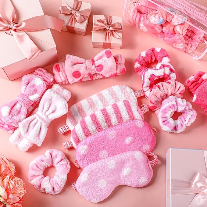 Kajaia 48 Pcs Spa Party Supplies for Girls Spa Party Favor Sleepover Slumber Supplies for Women Headband Eye Mask Hair Scrunchies Toiletry Bag(Pink,Lovely)