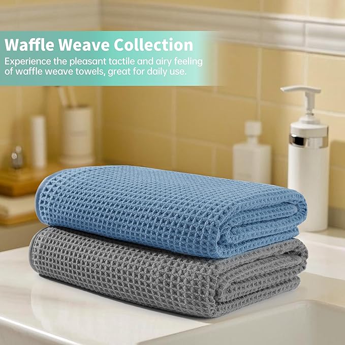Microfiber Waffle Bath Towels, 4 Pieces, Soft, Absorbent, Fast Drying, Lint Free 430 GSM (Beige+Gray+Blue+White)