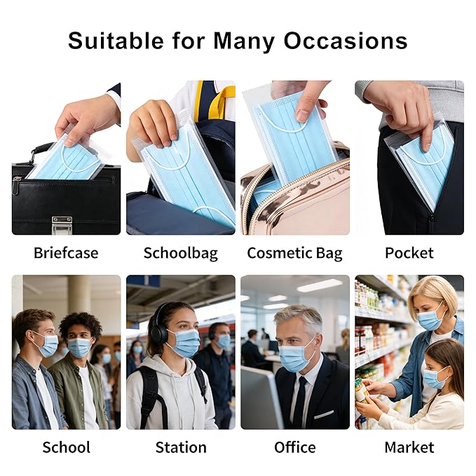50pcs Individually Wrapped Masks, Blue Disposable Face Masks, 3 Ply Breathable Face Mask for Adults Indoor Outdoor