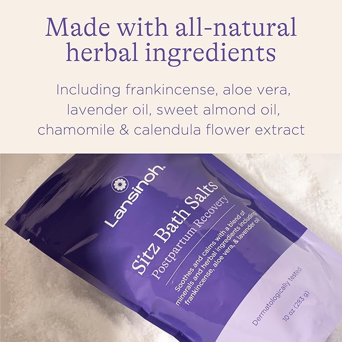 Lansinoh Sitz Bath Salts for Postpartum Care, Perineal Soak with Epsom Salt, Aloe Vera, Lavender & Frankincense Oil, 10 Ounces