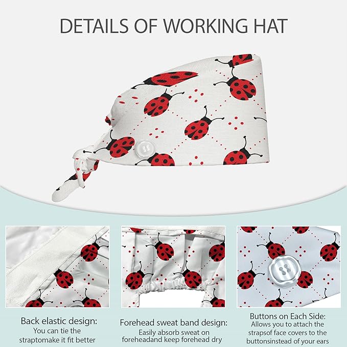 2 Pcs Working Cap with Sweatband for Women Men, Adjustable Cleaning Working Hats, Nurse Surgical Caps