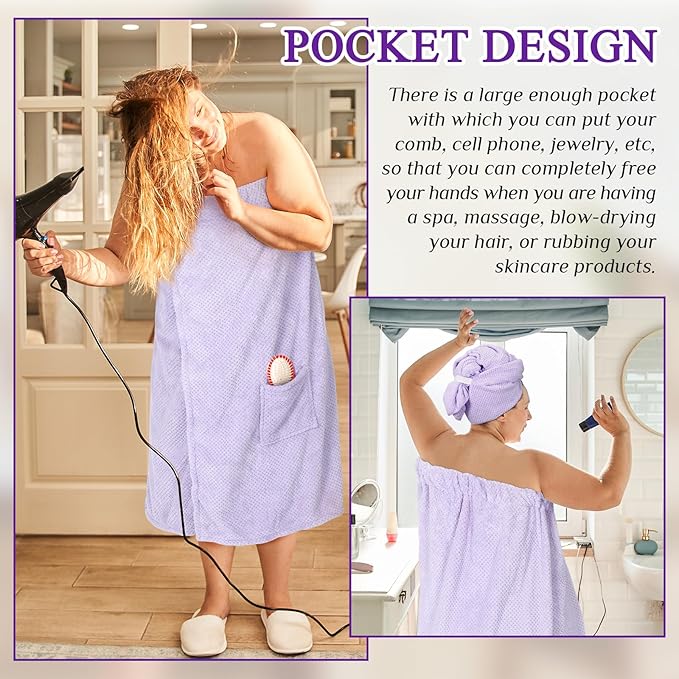 Tigeen Plus Size Towel Wrap for Women Spa Robe Set with Shower Hair Drying Turban Cap Towel Headband Adjustable Bathrobe