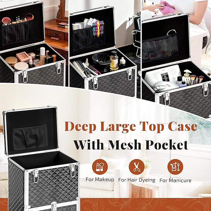 Rolling Makeup Train Case with 3 Drawers, Nail Trolley Cart Salon Station Cosmetology Case on Wheels Organizer Cases for Nail Tech,SPA,Face Painting,Hairstylist,Makeup Artist (Silver & Black)