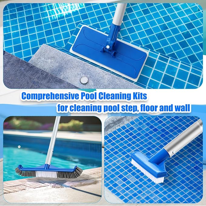 Tioncy 4 Pcs Pool Brushes Kit with 47" Pole Adjustable, 17.5" Pool Brush Head, Hand Scrub Brush & Scouring Sponge Pads with Aluminum Pole for Spa Hot Tub Bathroom Kitchen Home Tiles Walls Floors