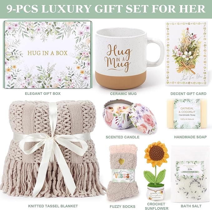 Self Care Gifts for Women Birthday Spa Care Package, Get Well Soon Sympathy Gift Baskets, Inspirational Mothers Day Gifts for Mom Wife Sister Grandma, Thinking of You Hug In A Box Sunflower Gifts