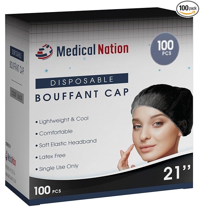 Medical Nation 21" Hair Net Disposable Bouffant Caps |Pack of 100, Black| Hairnets, Non-Woven, Non-Pleated Hair Cover |for Medical, Lab, Nurse, Tattoo, Food Service, Hospital, Cooking- Size 21" Black