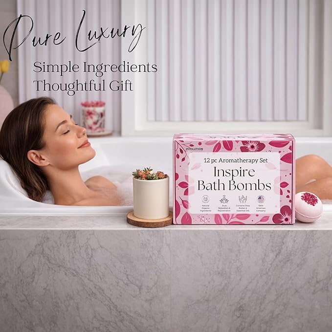 EvolutionUSA 12 Inspire Bath Bombs for Women & Girls – Flower Topped Bath Bombs Girls, Lush Bathbombs Set, Organic Bath Fizzers, Luxury Gift for Mothers Day, Birthday, Christmas, Easter or Self Care