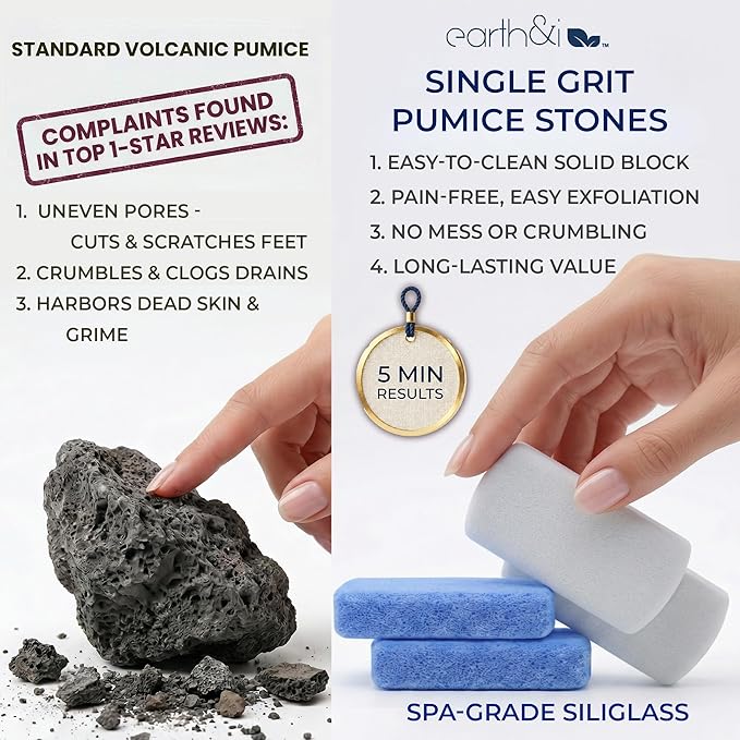 Earth & I Pumice Stone for Feet – 6-Pack Callus Remover Set | 3 Coarse + 3 Fine Dual-Grit Dead Skin Scrubber & Heel Exfoliator for Baby-Soft Feet