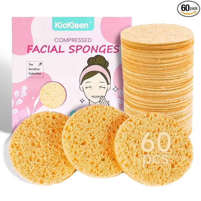 60-Count Compressed Facial Sponges|100% Natural Kickleen Cellulose Cosmetic Spa Sponges for Daily Facial Cleansing|Makeup and Mask Removal | Exfoliating | Skin Massage | Pore Exfoliation (Yellow)