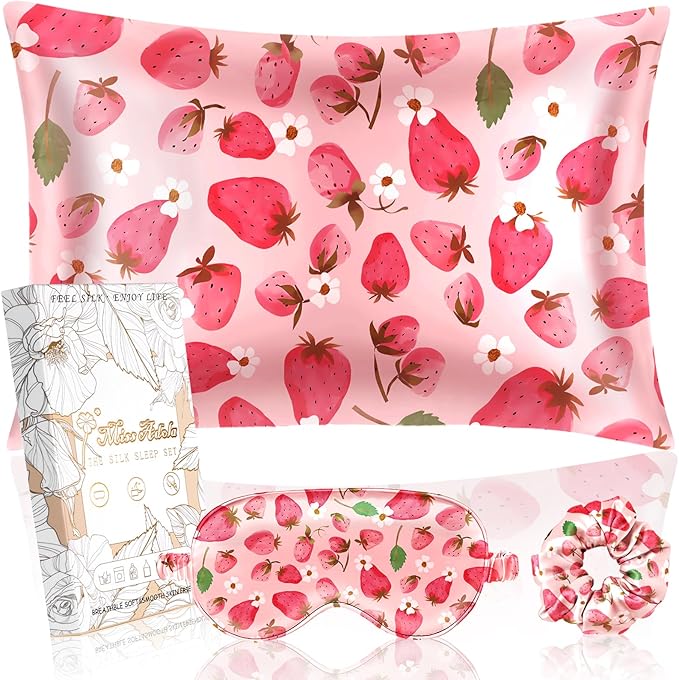 Miss Adola 1Pack Mulberry Silk Pillow Case for Hair and Skin Standard 26"x20" Silk Pillowcase with Eye Mask & Scrunchie Soft Silk Pillowcase Sleeping for Women, Wife, Female - Strawberry