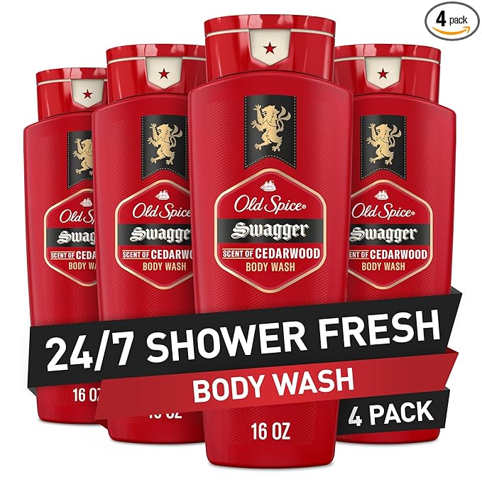 Old Spice Refreshing Body Wash for Men, 3X Defense, 24/7 Shower Fresh with Long Lasting Scent, Red Collection, Swagger with Cedarwood Scent, 16 oz (Pack of 4)